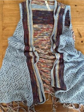 Collection B Light Blue Open-Front Knit Poncho with Multicolor Trim